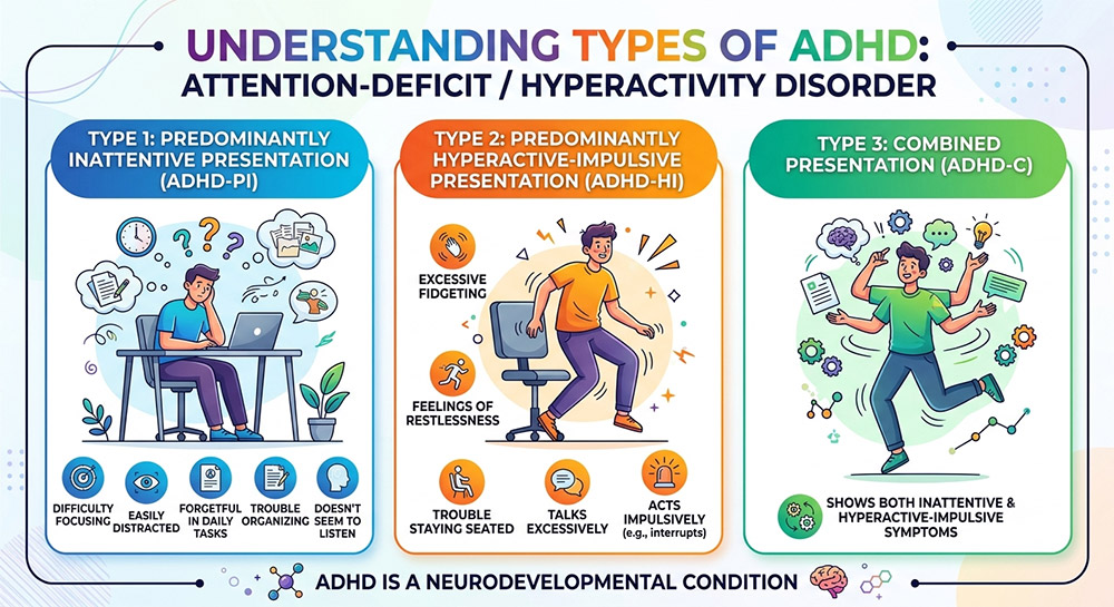 types of ADHD, ADHD presentations, signs of each ADHD type, inattentive ADHD